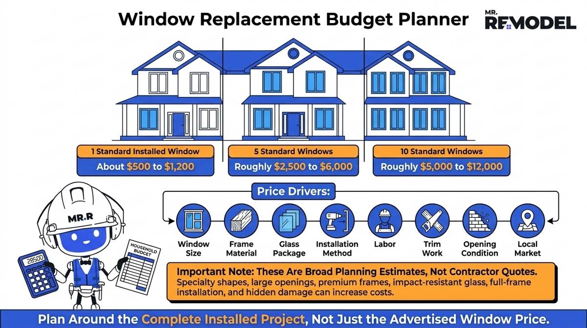 Editorial window replacement budget graphic showing planning ranges of $500 to $1,200 per standard installed window, $2,500 to $6,000 for five windows, and $5,000 to $12,000 for ten windows.